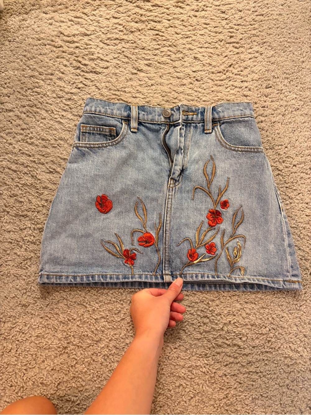 Little moon Embroidered Light Blue Denim Mini Skirt - Floral Detail